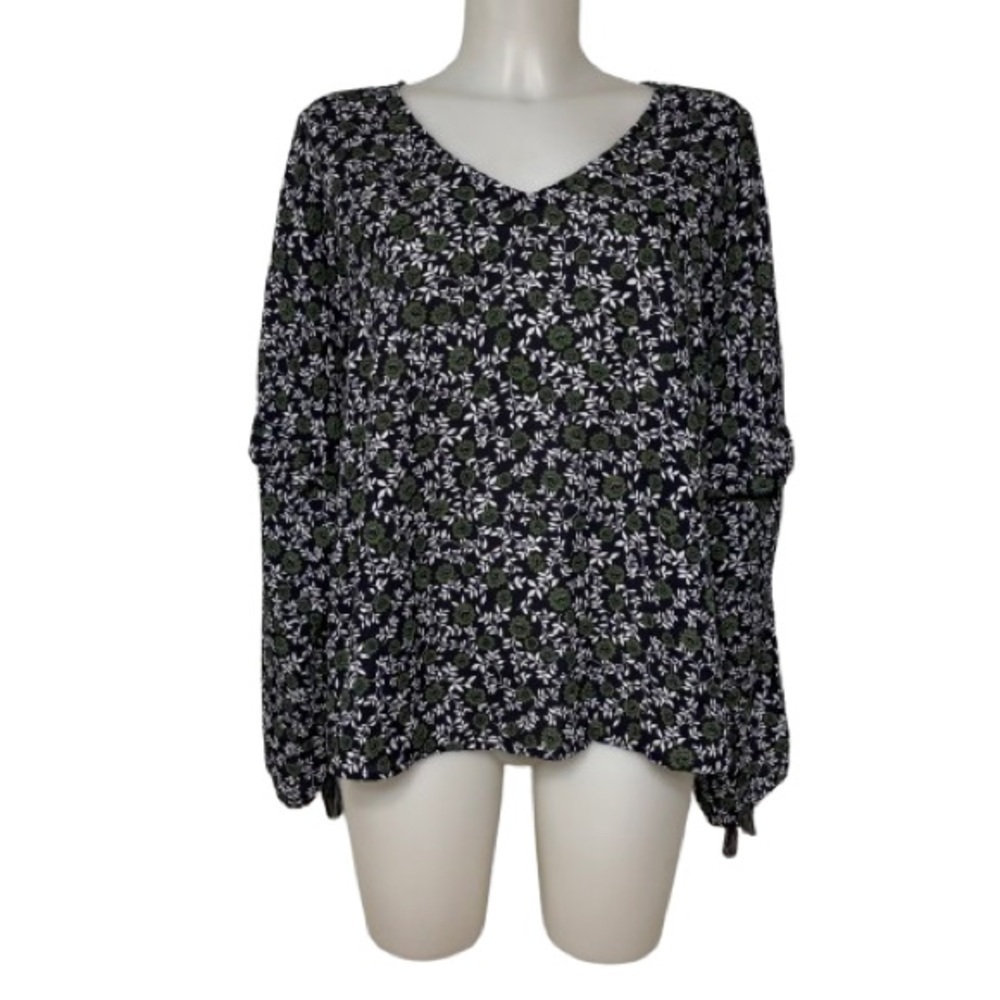 Mystree Boho Navy Green Floral Tassel Sleeve V-Neck Blouse Size L